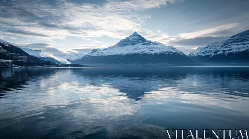 Snowy Mountain Reflected in Calm Waters AI Image