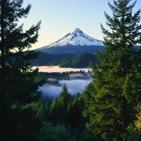 Snowy Mountain View Through Evergreen Trees