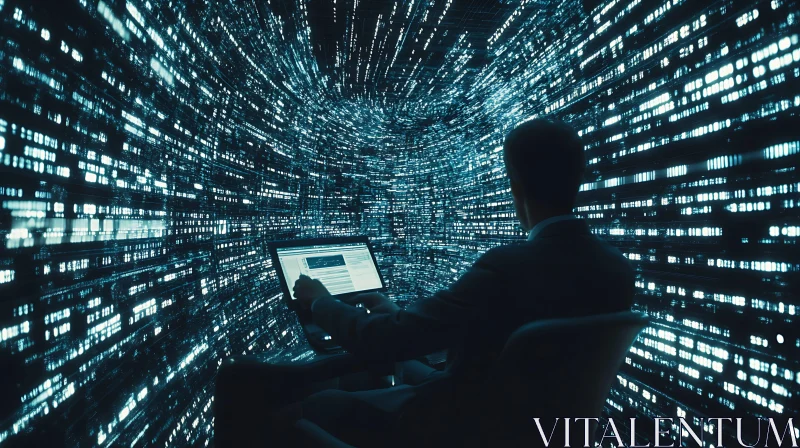 Digital Data Vortex: Man and Laptop AI Image