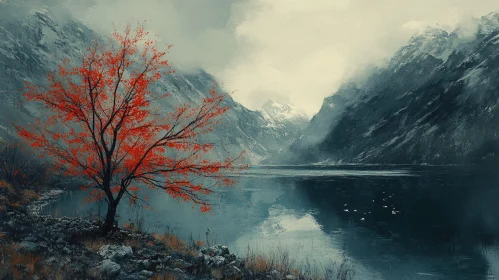 Tranquil Lake Scene with Red-leaved Tree