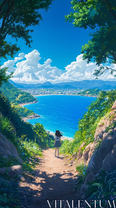 AI ART Girl Overseeing a Beautiful Coastal Bay from a Mountain Path