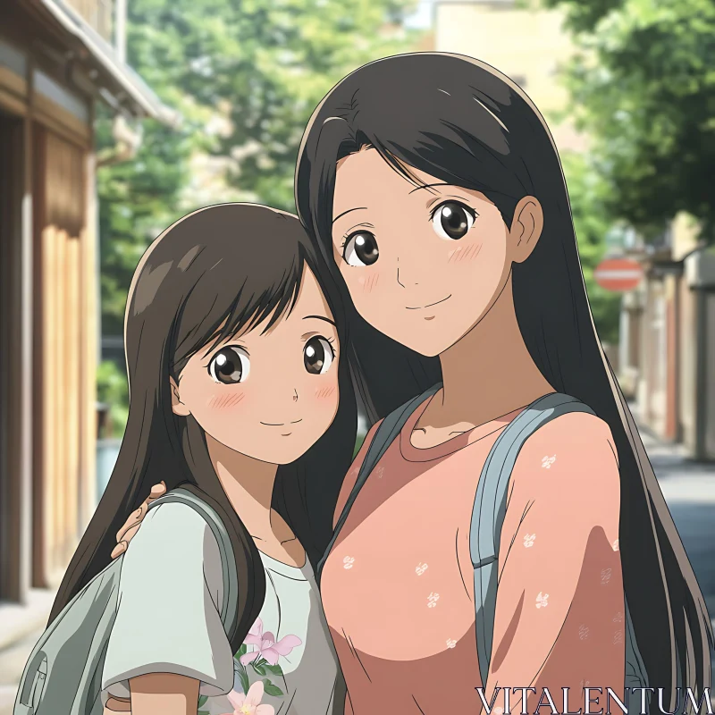 Anime Sisters Smiling Outdoors AI Image