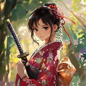 Elegant Anime Female with Sword in Forest