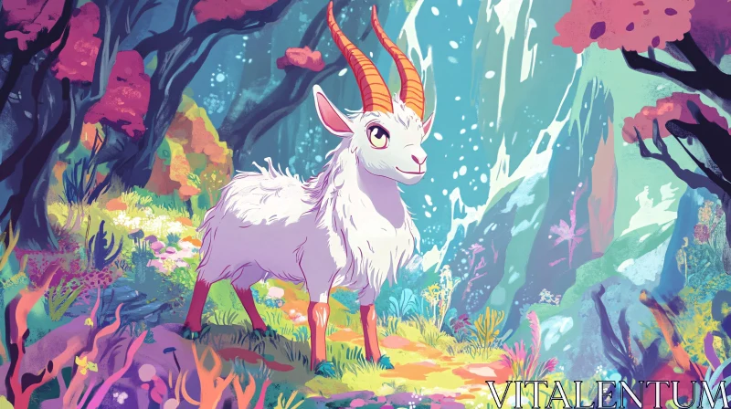 AI ART Colorful Fantasy Forest with White Horned Goat