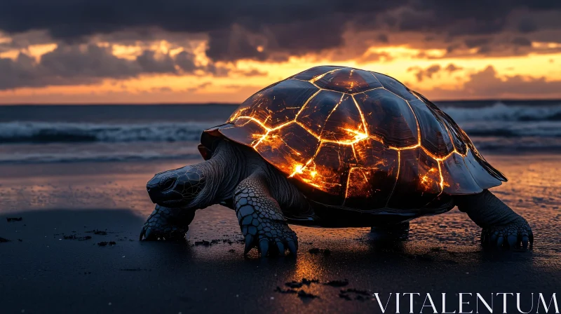 AI ART Luminescent Turtle at Sunset Beach