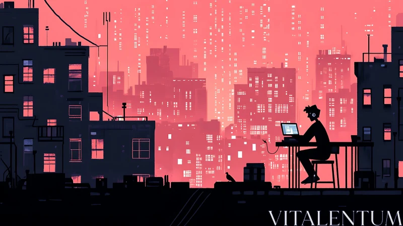 AI ART Urban Silhouette: Rooftop Work Scene