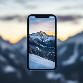 Snowy Mountain Peak at Sunset on Mobile Phone