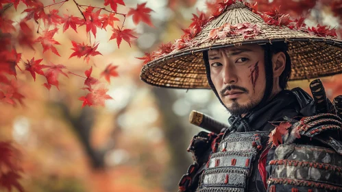 Autumn Samurai with Straw Hat and Traditional Armor