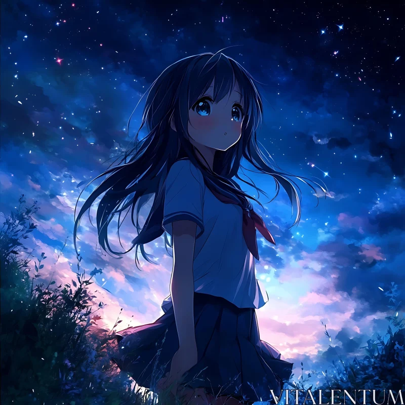 Serene Night with Anime Girl AI Image