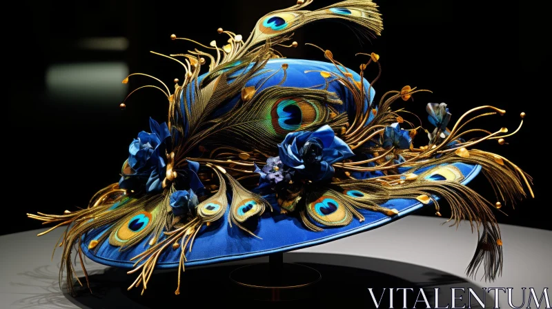 Exquisite Blue Feathered Hat with Intricate Floral Arrangements AI Image