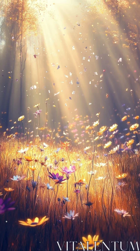 Meadow in Sunlight with Flowers and Butterflies AI Image