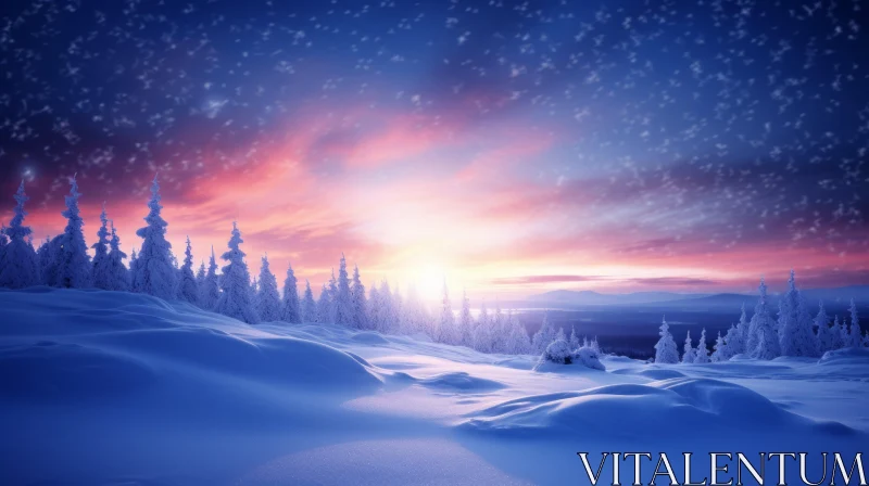 Winter Wonderland: Snow-Covered Landscape at Sunset AI Image