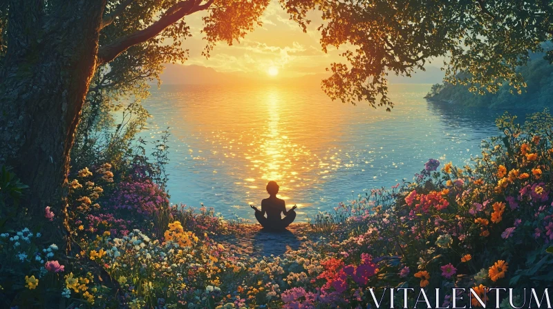 AI ART Serene Meditation During Sunset by a Lake