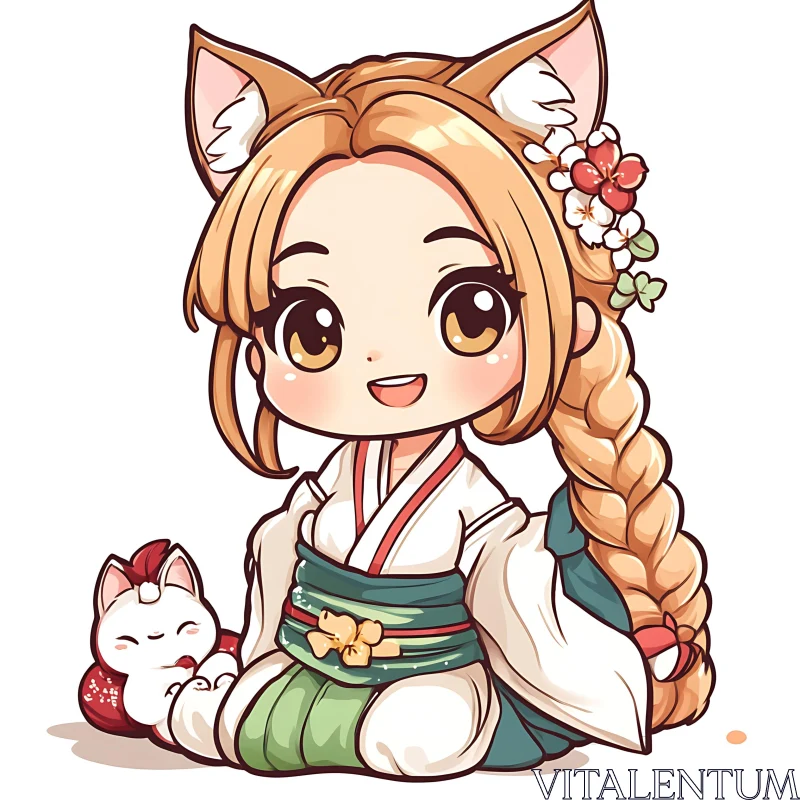 AI ART Adorable Chibi Fox-Girl in Kimono with Plush Cat