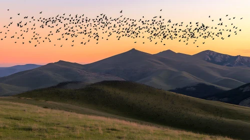 Sunset Landscape with Birds