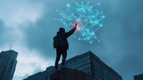 Man Reaching for Digital Network Above City