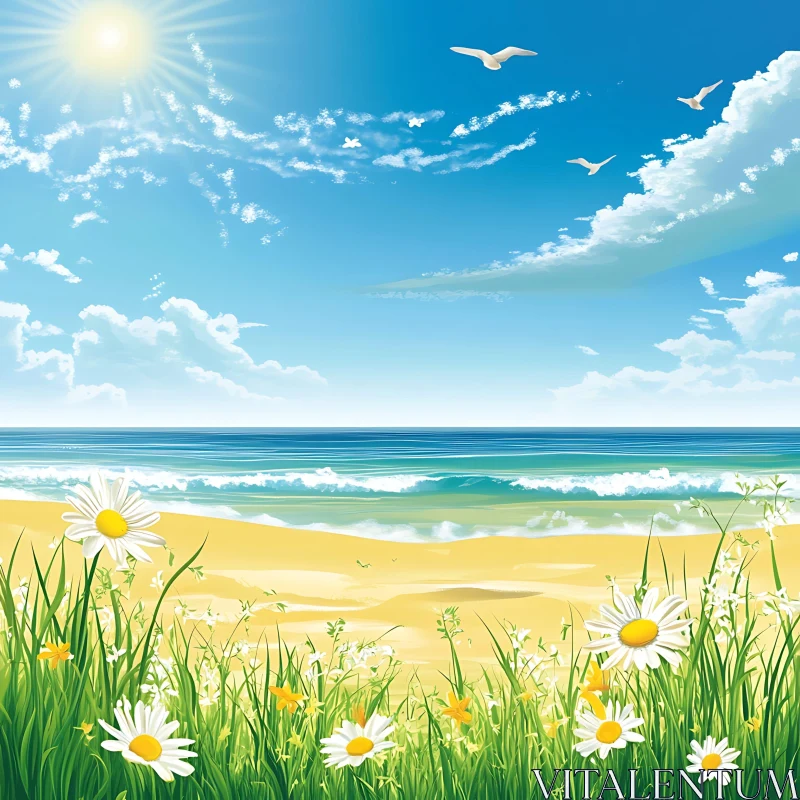 AI ART Seaside Meadow with Flowers and Birds