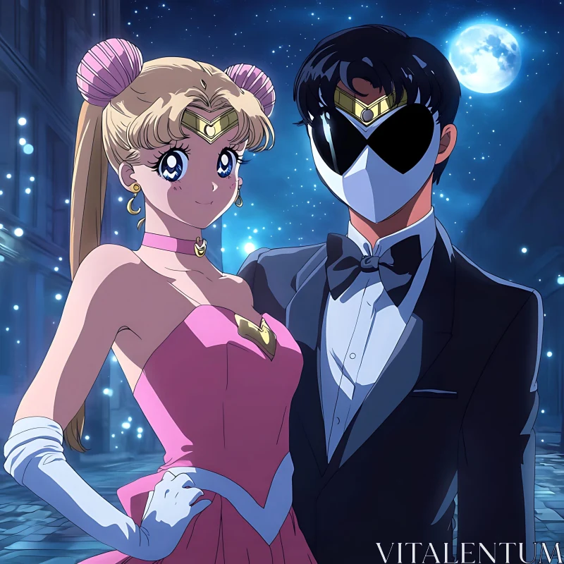 Stylish Anime Pair in Moonlit Night AI Image