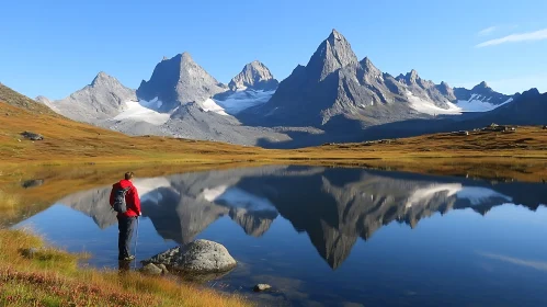 Hiker at Mountain Lake Reflective Scene