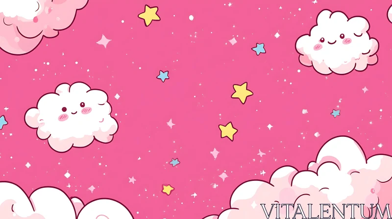 Whimsical Cartoon Clouds and Stars in Pink AI Image