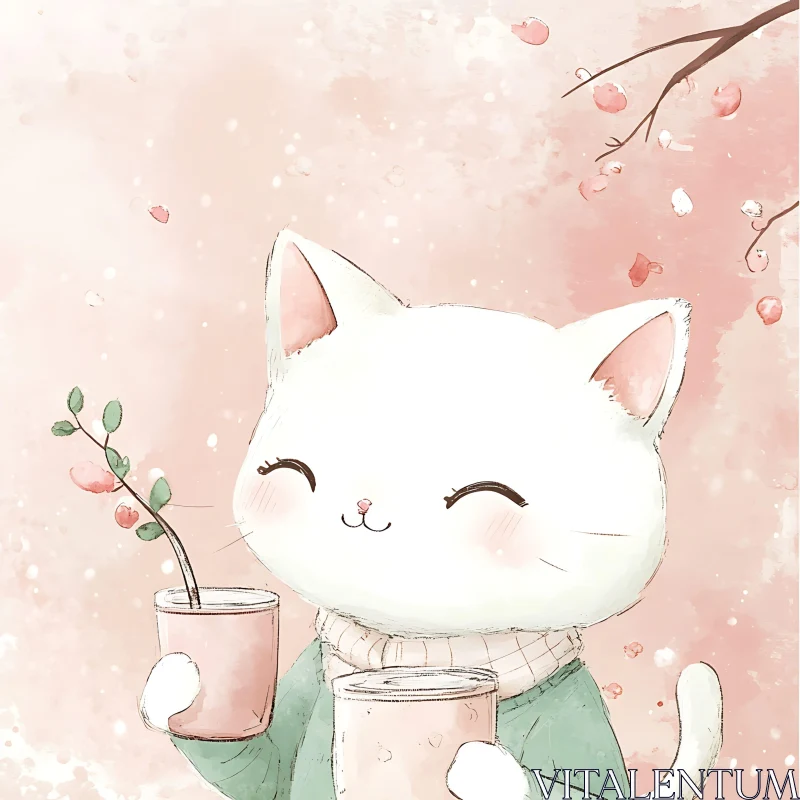 Adorable Cat Illustration with Pink Background AI Image