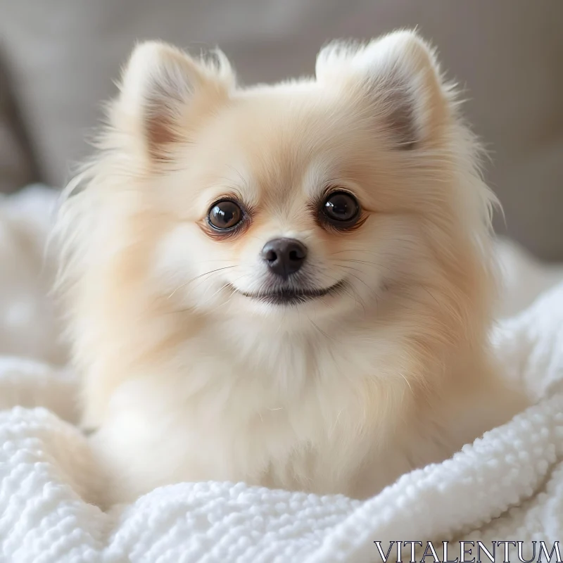 Cute Pomeranian Dog on a White Blanket AI Image