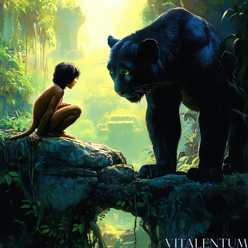 Wild Companions: Jungle Boy and Black Panther AI Image