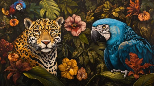 Tropical Wildlife Art: Jaguar and Macaws