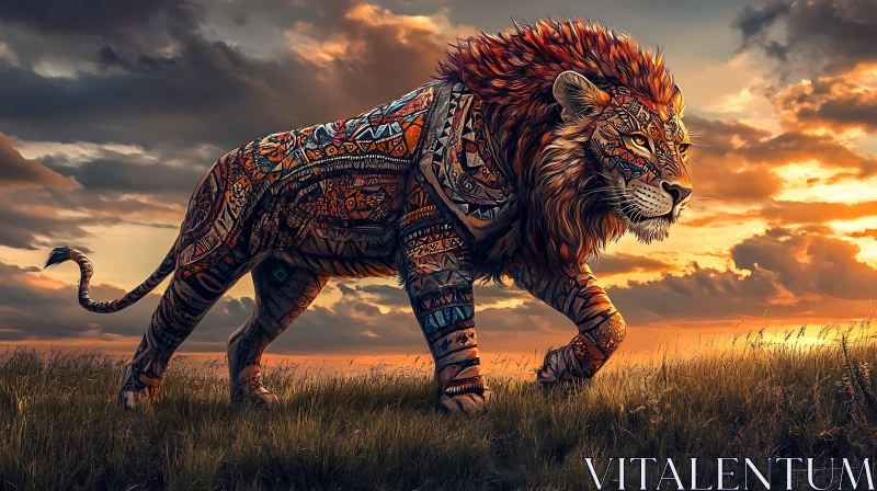 AI ART Patterned Lion Walking in Golden Field