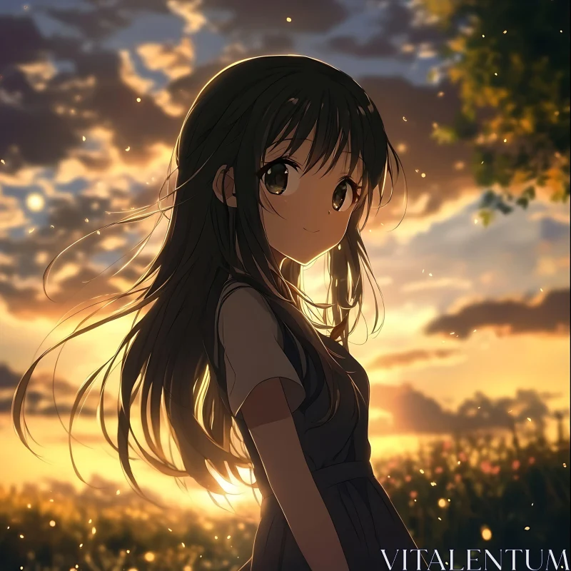 Serene Anime Girl in Sunset Glow AI Image