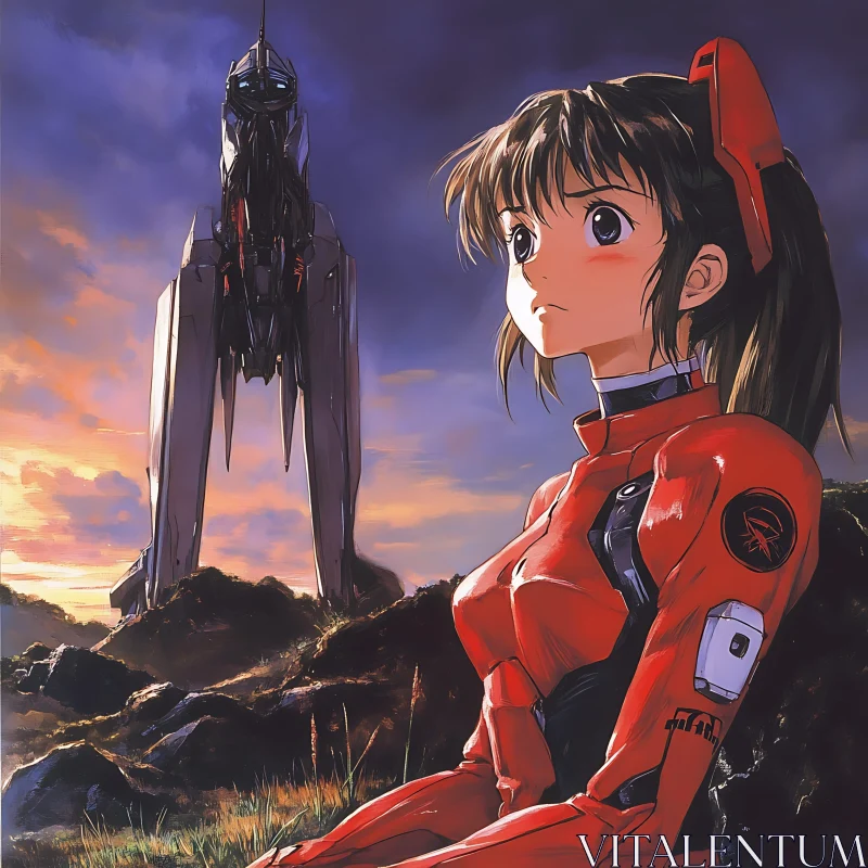 Red-Suited Girl and Mecha at Sunset AI Image