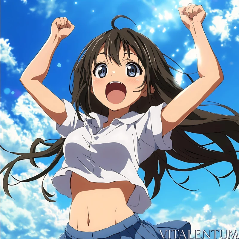 Energetic Manga Girl Rejoicing on a Clear Day AI Image