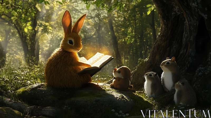 AI ART Rabbit reading to squirrels in forest