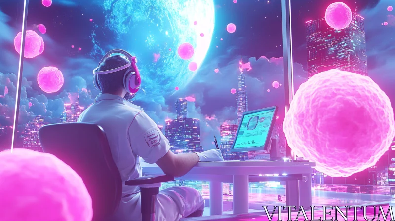 Neon Cityscape, Futuristic Workspace AI Image