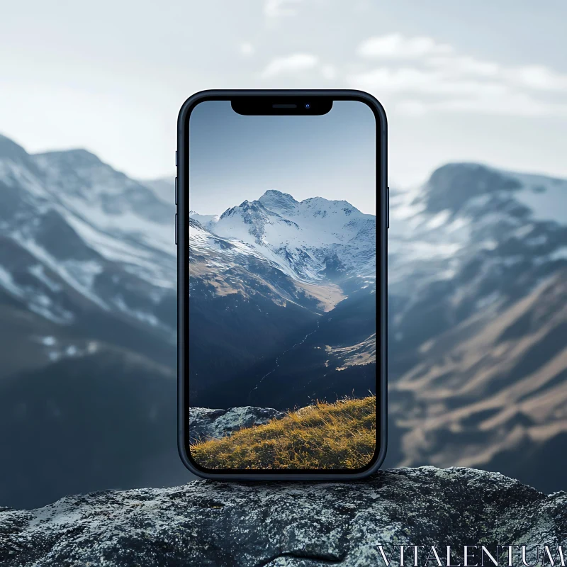 Smartphone showcasing mountain landscape AI Image