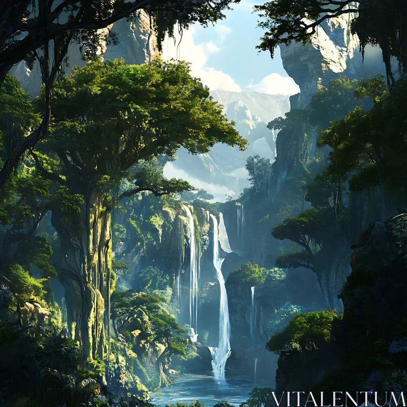 Majestic Forest Landscape with Waterfalls AI Image