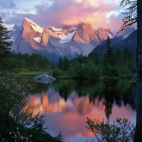 Tranquil Mountain Lake with Pink Sky