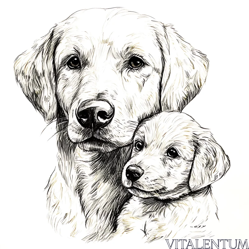 Black-and-White Dog and Puppy Pen Drawing AI Image