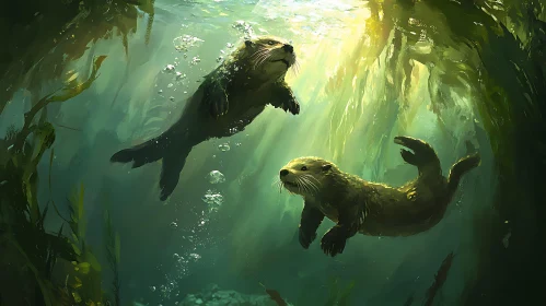 Underwater Otters in Kelp Forest