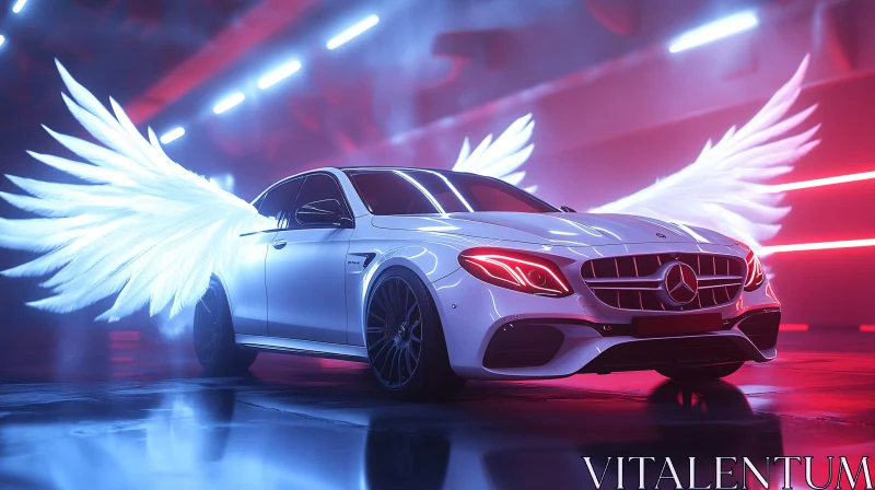 AI ART Luxury Car with Angel Wings in Neon Lights