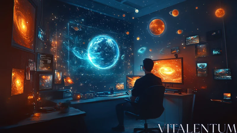 AI ART Futuristic Office Setup with Cosmic Views on Monitors