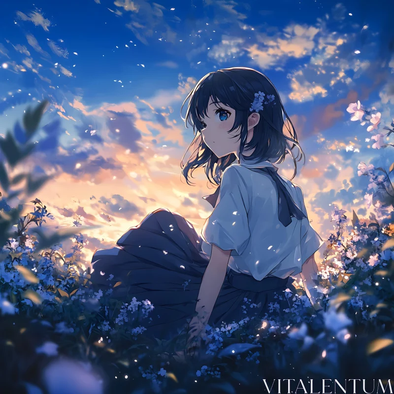 Peaceful Evening with Anime Girl Surrounded by Flowers AI Image