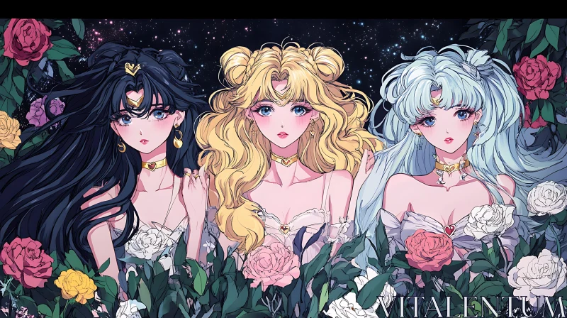 Starlit Night Anime Portrait with Roses AI Image