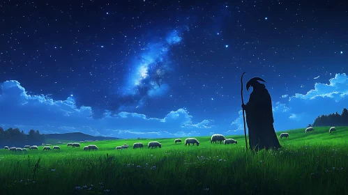 Starlit Pasture with Shepherd and Sheep