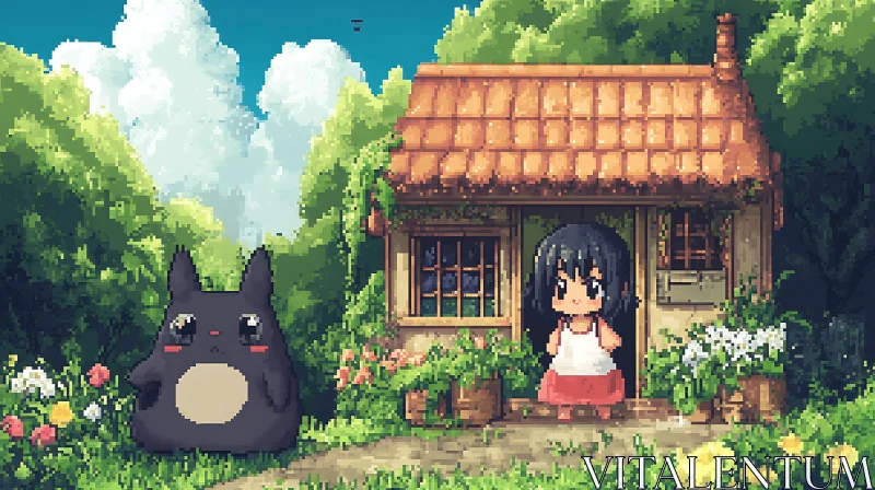 Pixel Art Cottage with Girl and Fantasy Creature AI Image