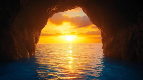 Cave Opening with a Beautiful Sunset Over a Tranquil Sea