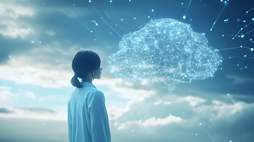 Woman Contemplates Digital Cloud in Sky