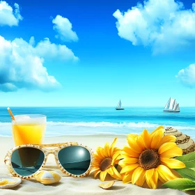 Summer Beach Scene with Sunflowers