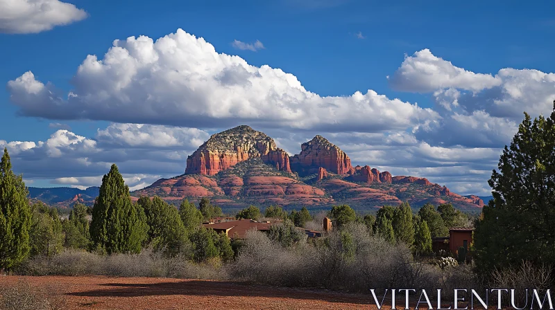 AI ART Red Rock Mountain Under Cloudy Sky