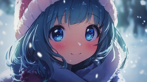 Blue-Haired Anime Girl in Snowy Scene